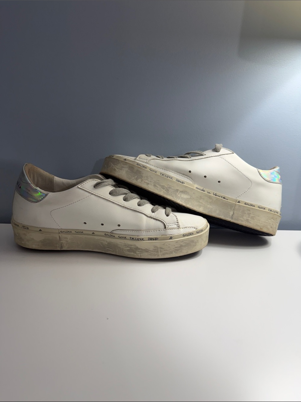 Golden Goose White Leather Hi Star Sneaker with Silver Glitter Star 38 - Picture 15 of 15